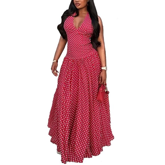 Women's Polka Dot Maxi Dress Polyester Spandex Halter Neck Party Beach Wear - Picture 1 of 6